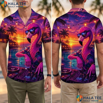 Retro Flamingo Dj Hawaiian Shirt Vibrant Graphic Short Sleeve Casual Top Adult