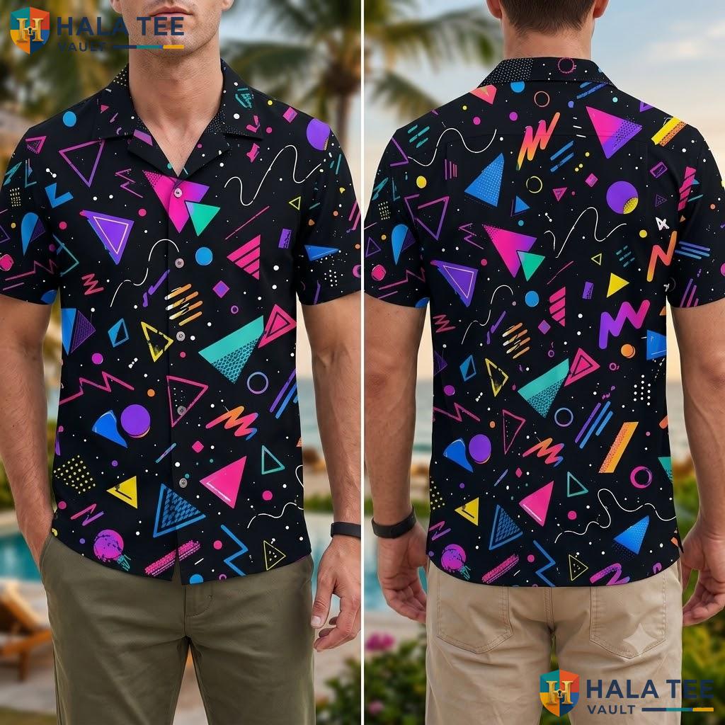 Retro Geometric Hawaiian Shirt Vibrant 80s 90s Style Casual Button Down Adult