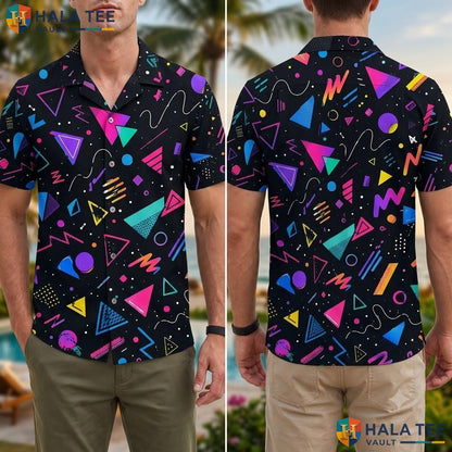 Retro Geometric Hawaiian Shirt Vibrant 80s 90s Style Casual Button Down Adult