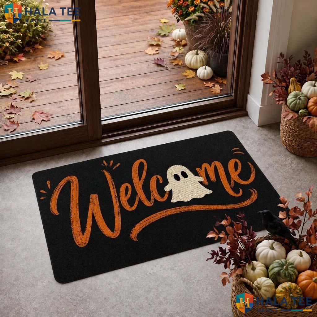 Retro Ghost Halloween Doormat Playful Pumpkin Entrance Welcome Rug Decor