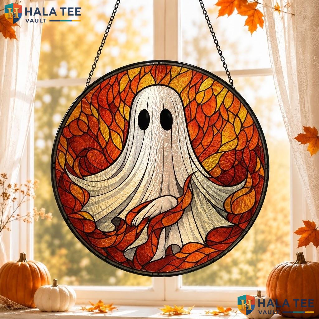 Retro Ghost Stained Glass Suncatcher, Gothic Autumn Leaves Room Decoration