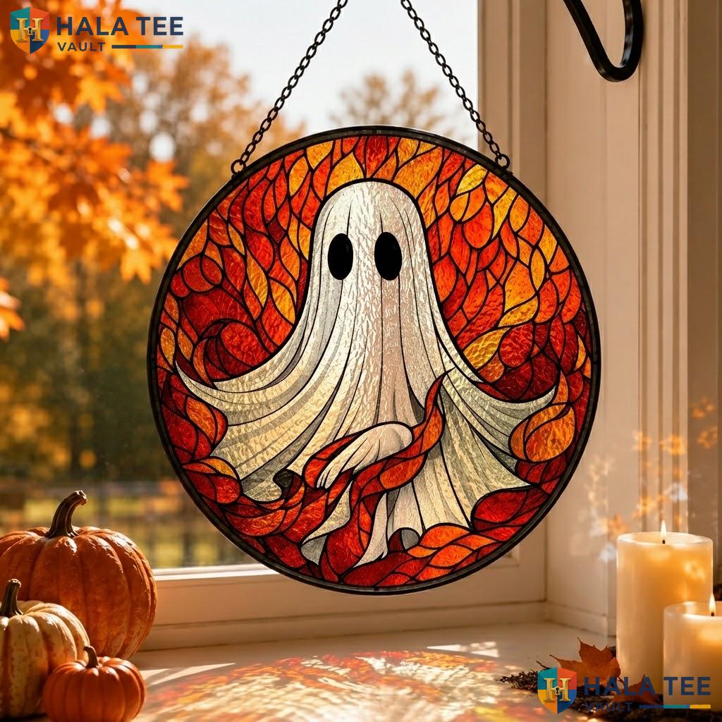 Retro Ghost Stained Glass Suncatcher, Gothic Autumn Leaves Room Decoration Adult