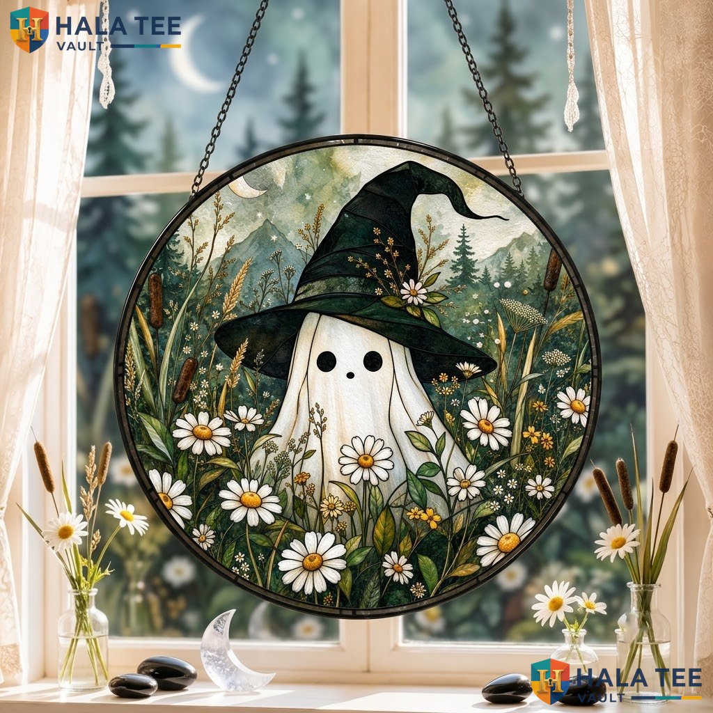 Retro Ghost Witch Halloween Stained Glass Suncatcher Whimsical Autumn Garden