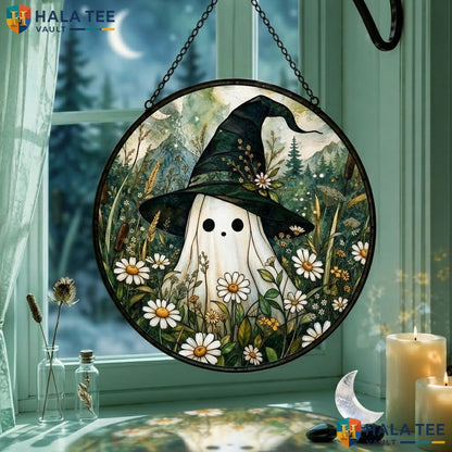 Retro Ghost Witch Halloween Stained Glass Suncatcher Whimsical Autumn Garden Adult