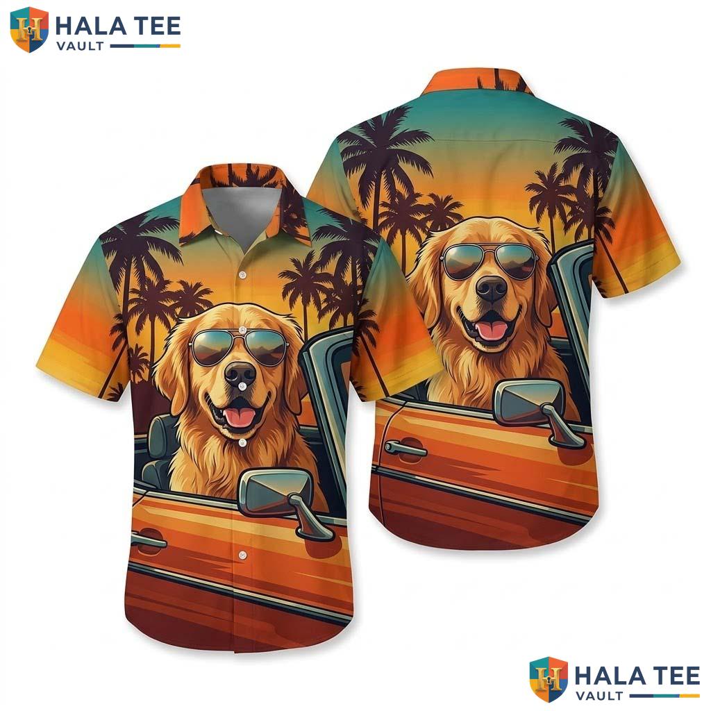 Retro Golden Retriever Aloha Shirt Vibrant Novelty Tropical Sunset Button Up