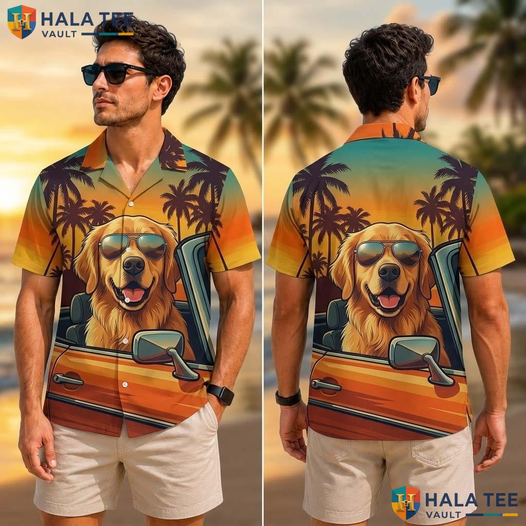 Retro Golden Retriever Tropical Shirt Vibrant Novelty Tropical Sunset Button Up