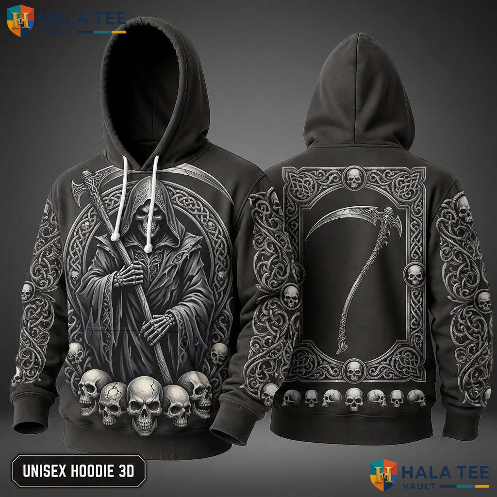Retro Gothic Grim Reaper 3D Hoodie Edgy Skull Graphic Casual Apparel