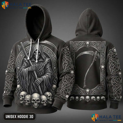 Retro Gothic Grim Reaper 3D Hoodie Edgy Skull Graphic Casual Apparel