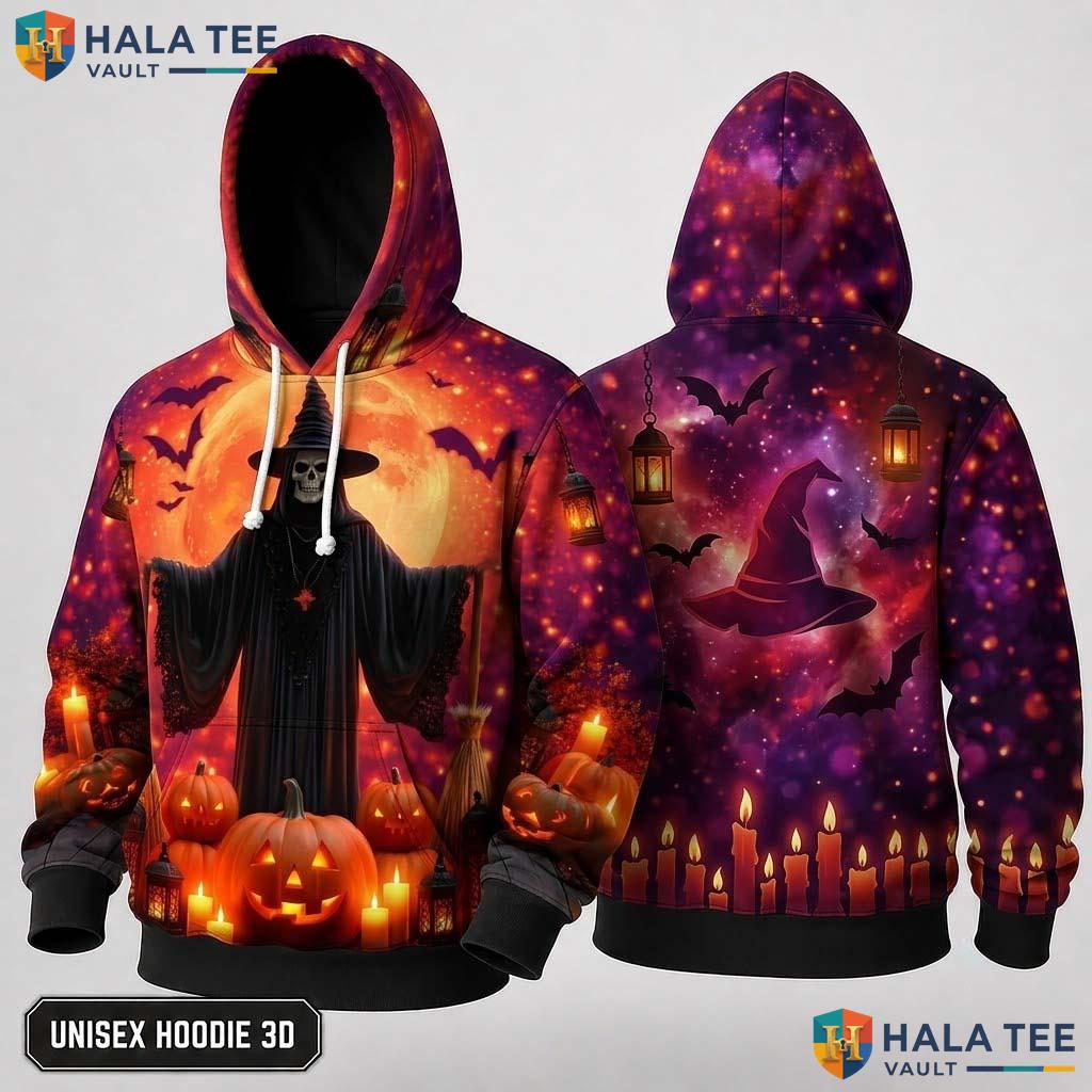 Retro Grim Reaper 3D Hoodie Spooky Pumpkin Bat Graphic Halloween Top