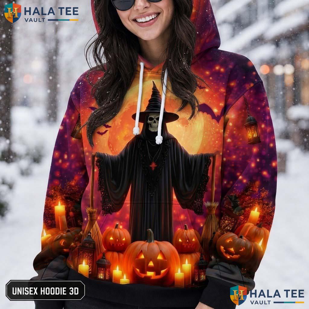 Retro Grim Reaper 3D Printed Hoodie Spooky Pumpkin Bat Graphic Halloween Top