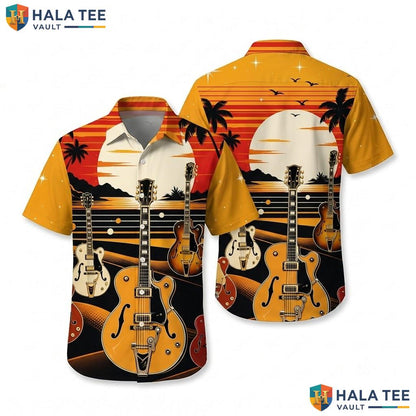 Retro Guitar Aloha Shirt Tropical Surf Pattern Mens Casual Button Down