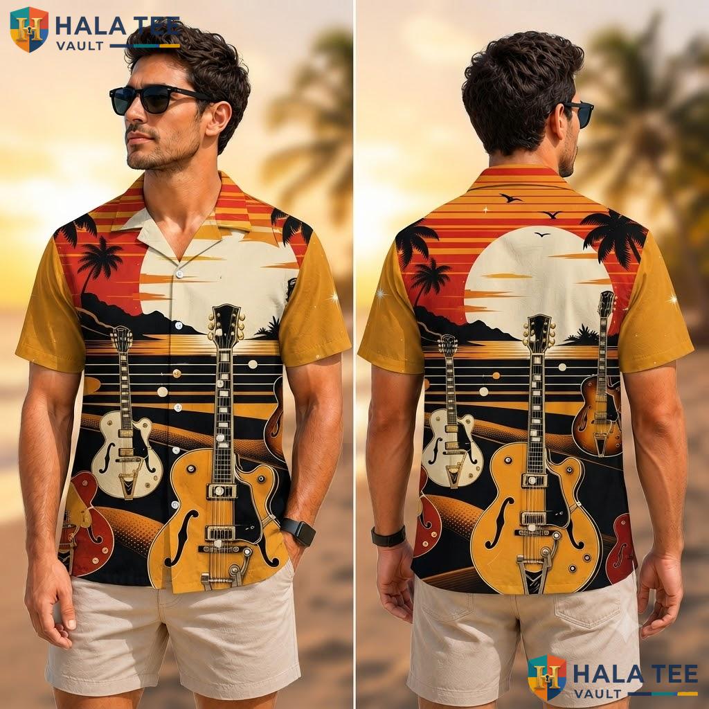 Retro Guitar Aloha Shirt Tropical Surf Pattern Mens Casual Button Down Adult