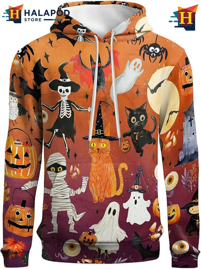 Retro Halloween Collage 3D Hoodie Spooky Cat Ghost Pumpkin Fall Pullover