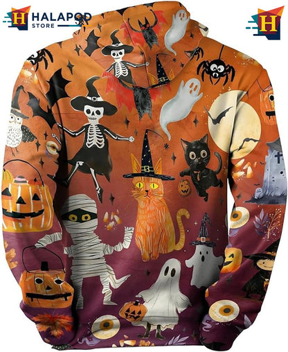 Retro Halloween Collage AOP Hoodie Spooky Cat Ghost Pumpkin Fall Pullover