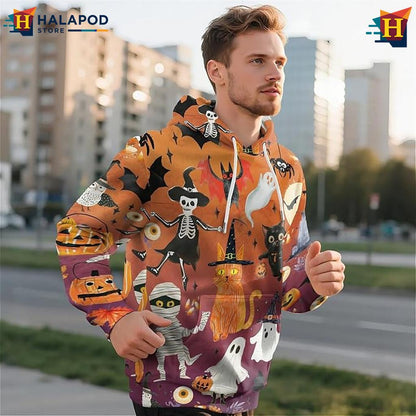 Retro Halloween Collage All Over Print Hoodie Spooky Cat Ghost Pumpkin Fall Pullover