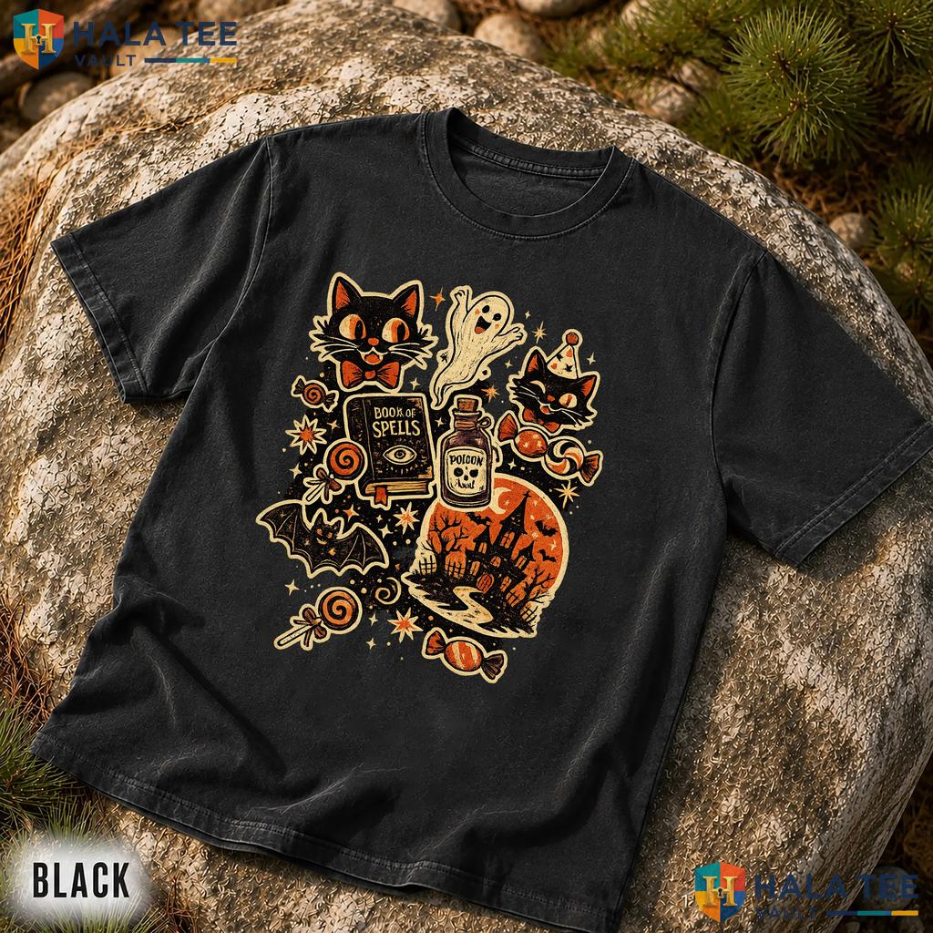 Retro Halloween Collage Comfort Colors T Shirt Vintage Black Cat Pumpkin Top