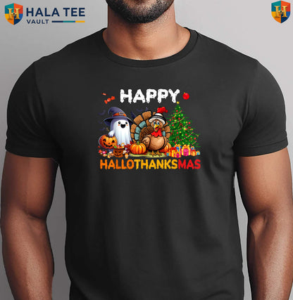 Retro Happy HalloThanksMas Holiday Shirt Halloween Thanksgiving Christmas Top