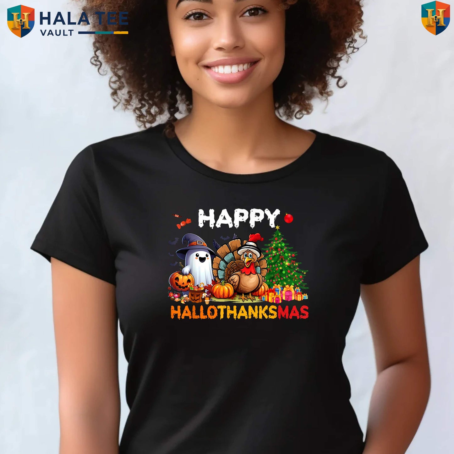 Retro Happy HalloThanksMas Holiday T-Shirt Halloween Thanksgiving Christmas Top
