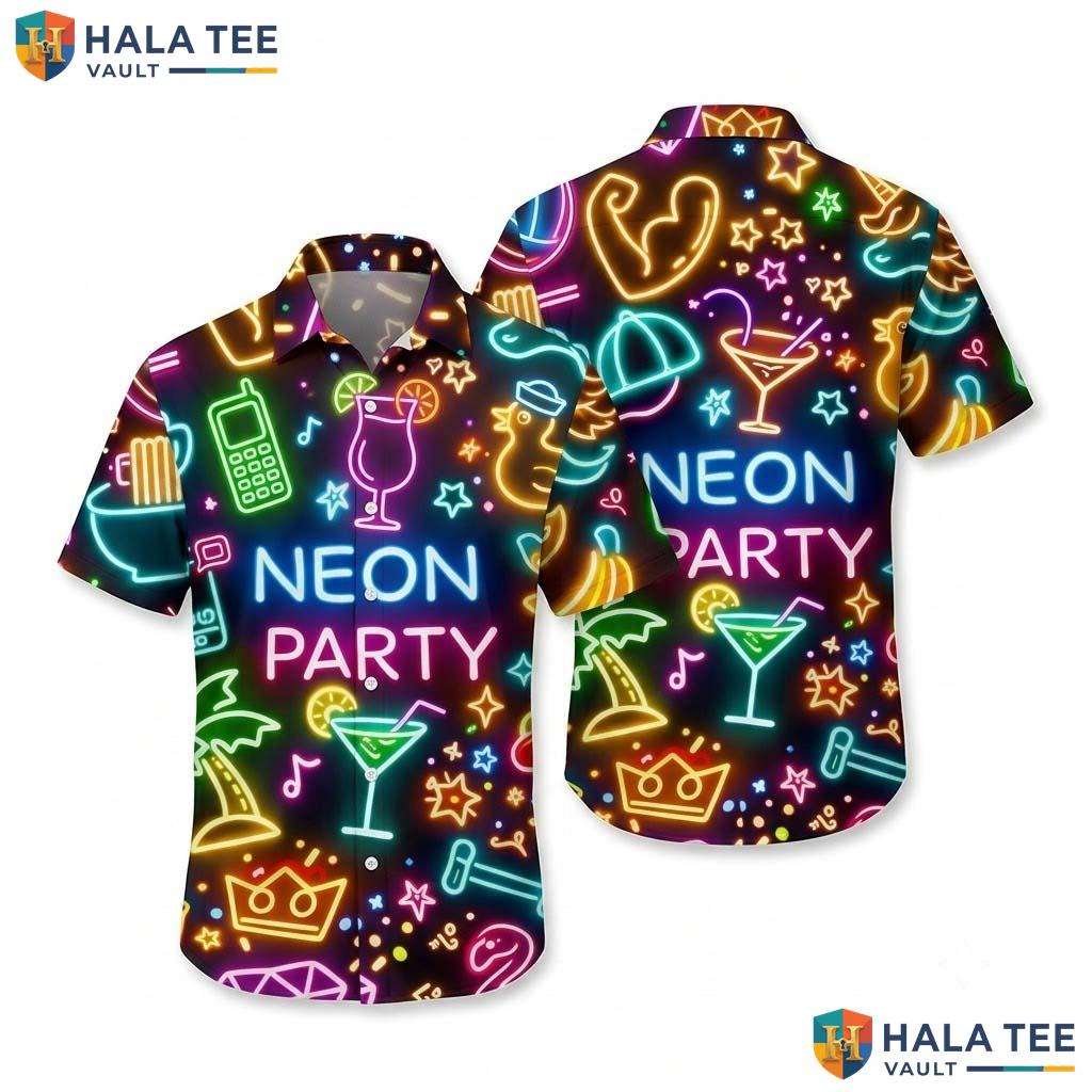 Retro Neon Funny Hawaiian Shirt Mens Novelty Graphic Aloha Beach Top