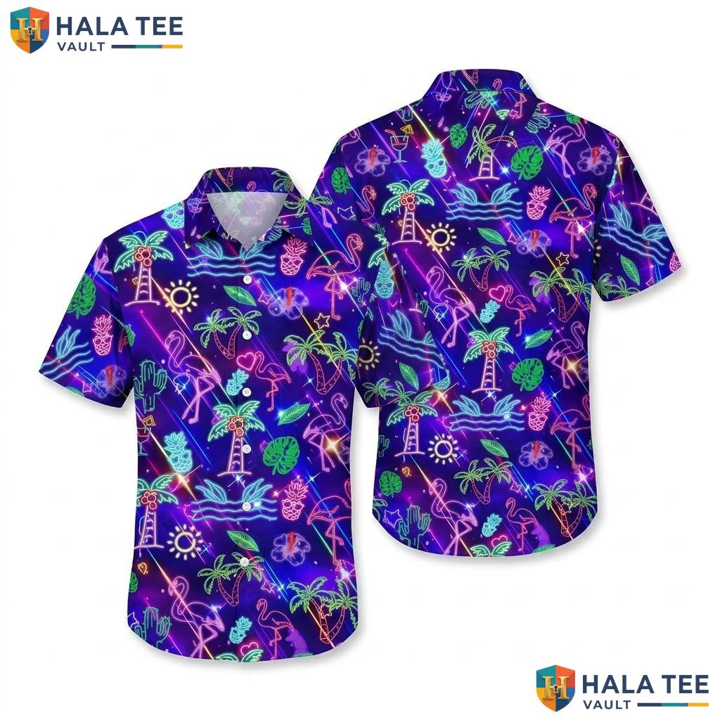 Retro Palm Tree Hawaiian Shirt Neon Tropical Flamingo Pineapple Button Down