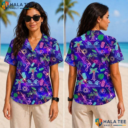 Retro Palm Tree Tropical Shirt Neon Tropical Flamingo Pineapple Button Down