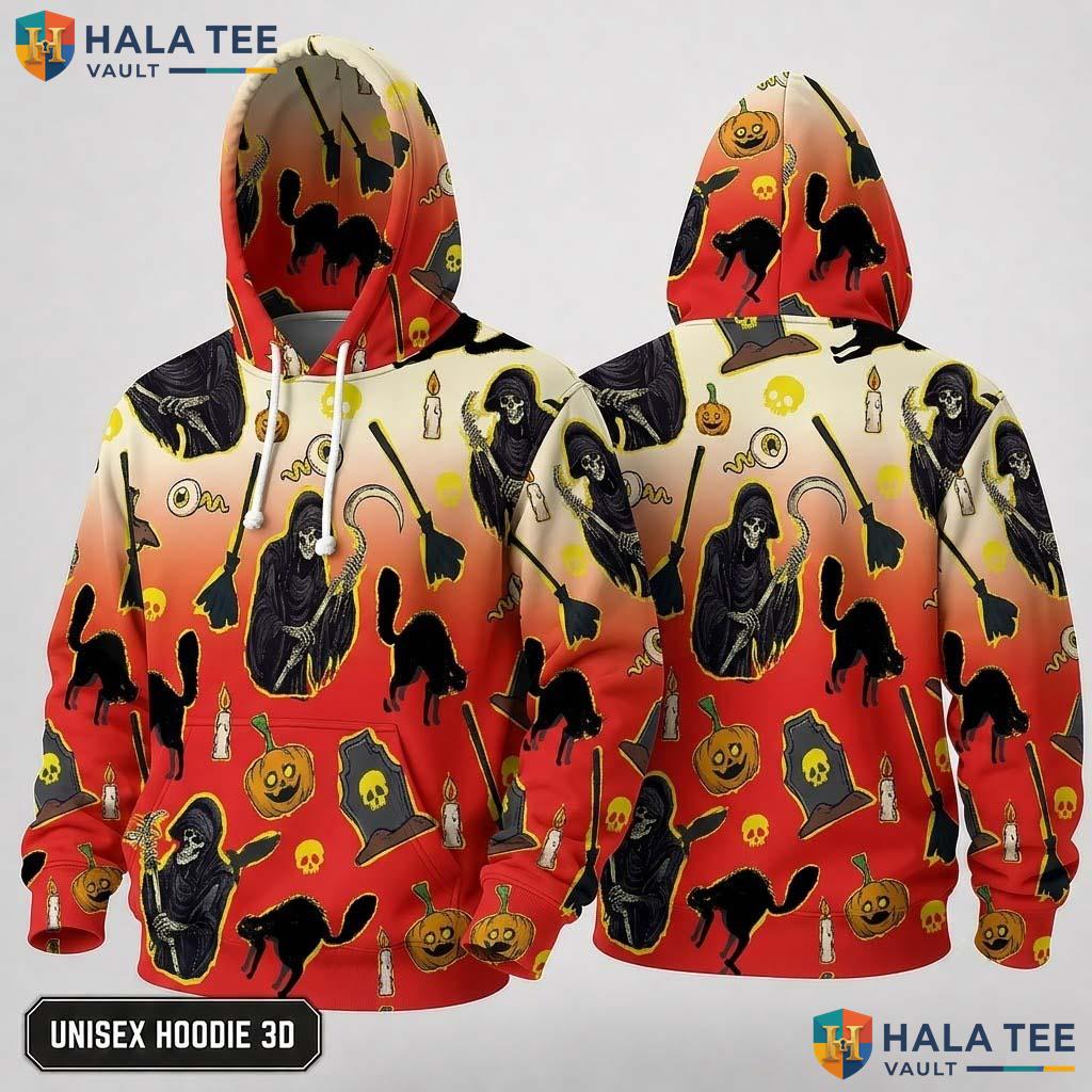 Retro Skeleton Black Cat 3D Hoodie Vibrant Cartoon Pumpkin Halloween