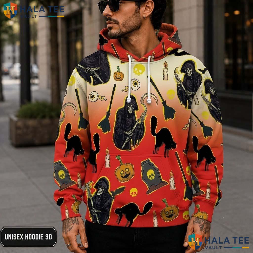 Retro Skeleton Black Cat 3D Printed Hoodie Vibrant Cartoon Pumpkin Halloween