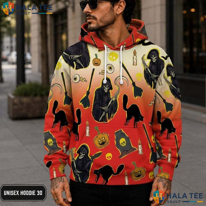 Retro Skeleton Black Cat 3D Printed Hoodie Vibrant Cartoon Pumpkin Halloween