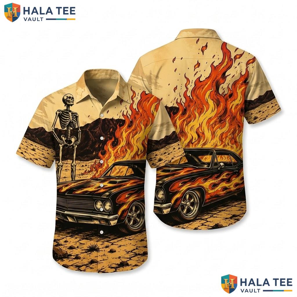 Retro Skeleton Car Hawaiian Shirt Bold Graphic Print Short Sleeve Vacation