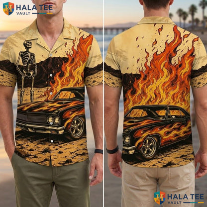 Retro Skeleton Car Hawaiian Shirt Bold Graphic Print Short Sleeve Vacation Adult