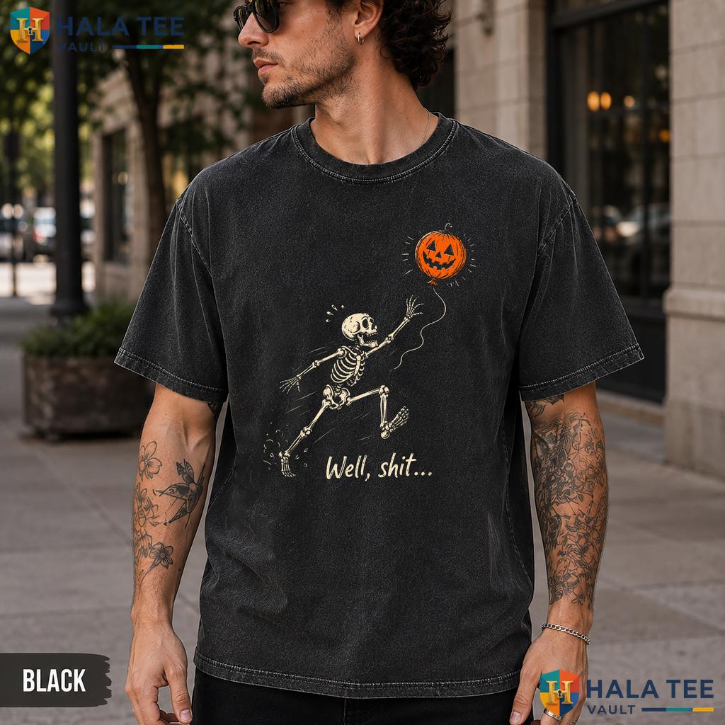 Retro Skeleton Pumpkin Washed T-Shirt Playful Funny Halloween Graphic Top