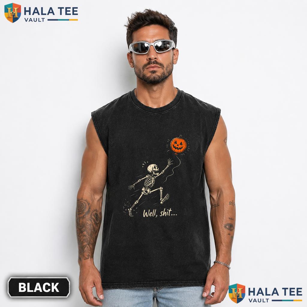 Retro Skeleton Pumpkin Streetwear Washed T-Shirt Playful Funny Halloween Graphic Top