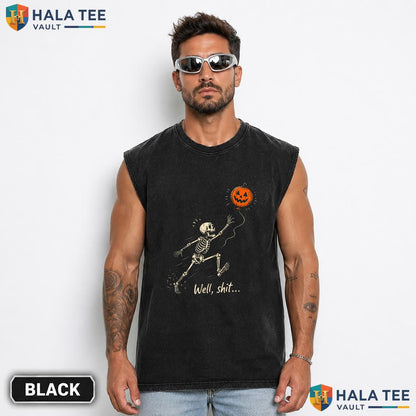 Retro Skeleton Pumpkin Streetwear Washed T-Shirt Playful Funny Halloween Graphic Top