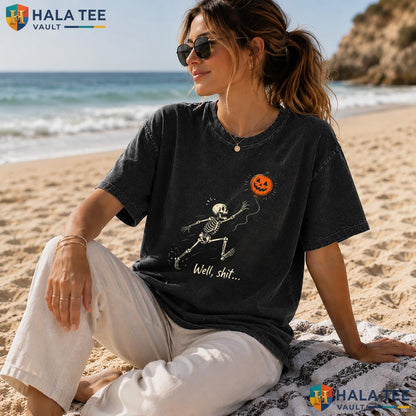 Retro Skeleton Pumpkin Heavyweight Washed Shirt Playful Funny Halloween Graphic Top