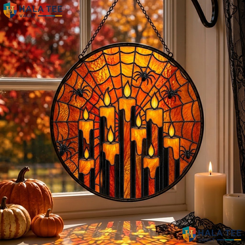 Retro Spider Halloween Stained Glass Suncatcher Vibrant Candle Home Ornament