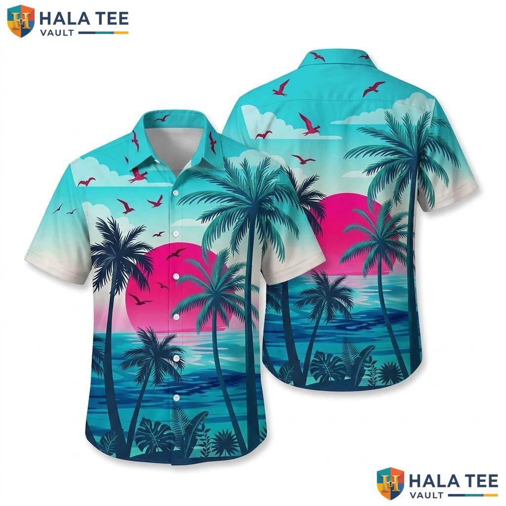 Retro Sunset Palm Tree Hawaiian Shirt Vibrant Tropical Design Beach Lover Top