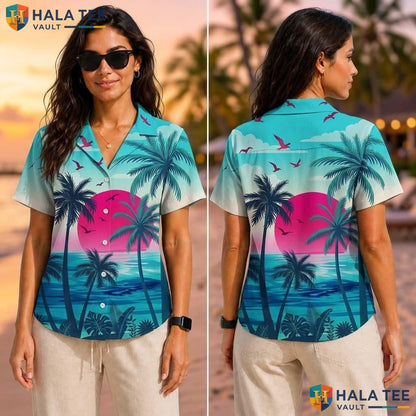 Retro Sunset Palm Tree Tropical Shirt Vibrant Tropical Design Beach Lover Top