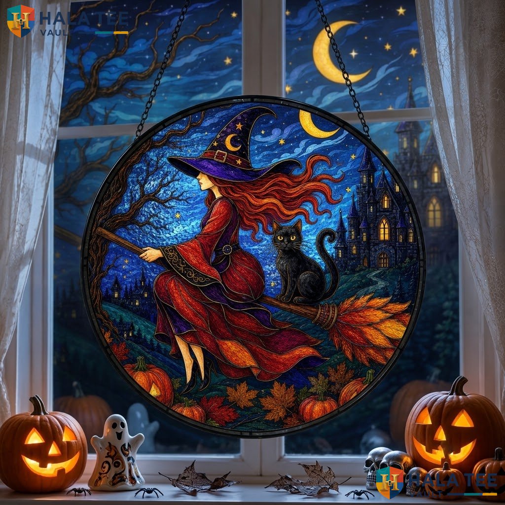 Retro Witch Halloween Stained Glass Suncatcher Spooky Garden Black Cat Moon