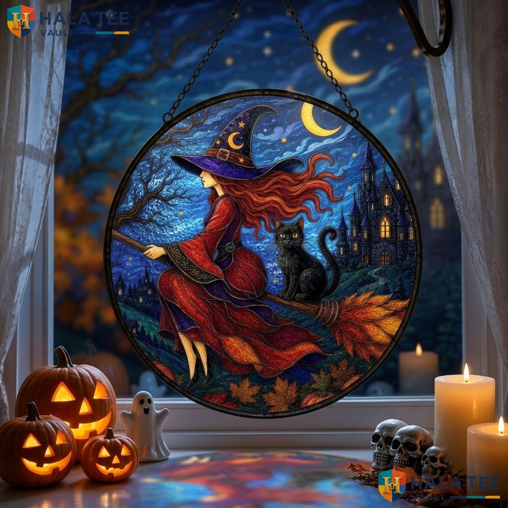 Retro Witch Halloween Stained Glass Suncatcher Spooky Garden Black Cat Moon Adult
