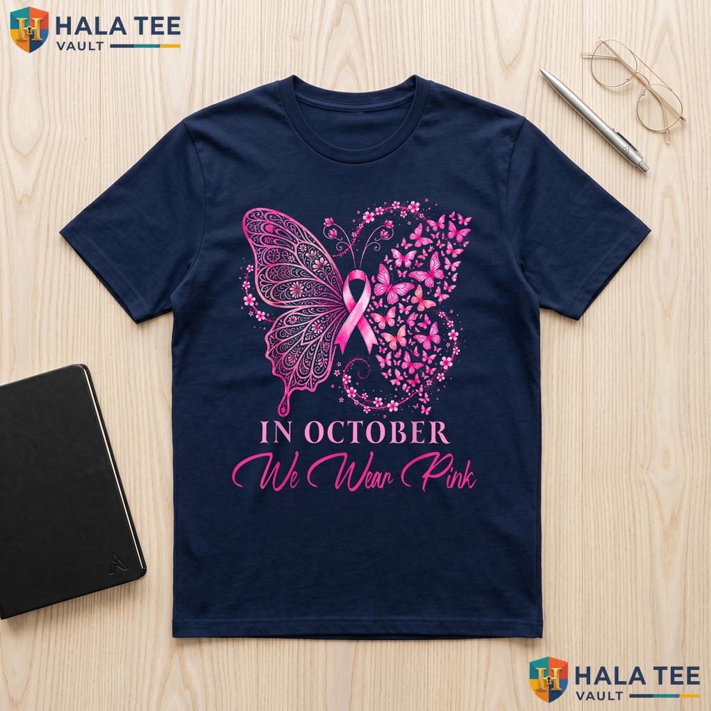 Ribbon Butterfly Breast Cancer Shirt October We Wear Pink Apparel Adult