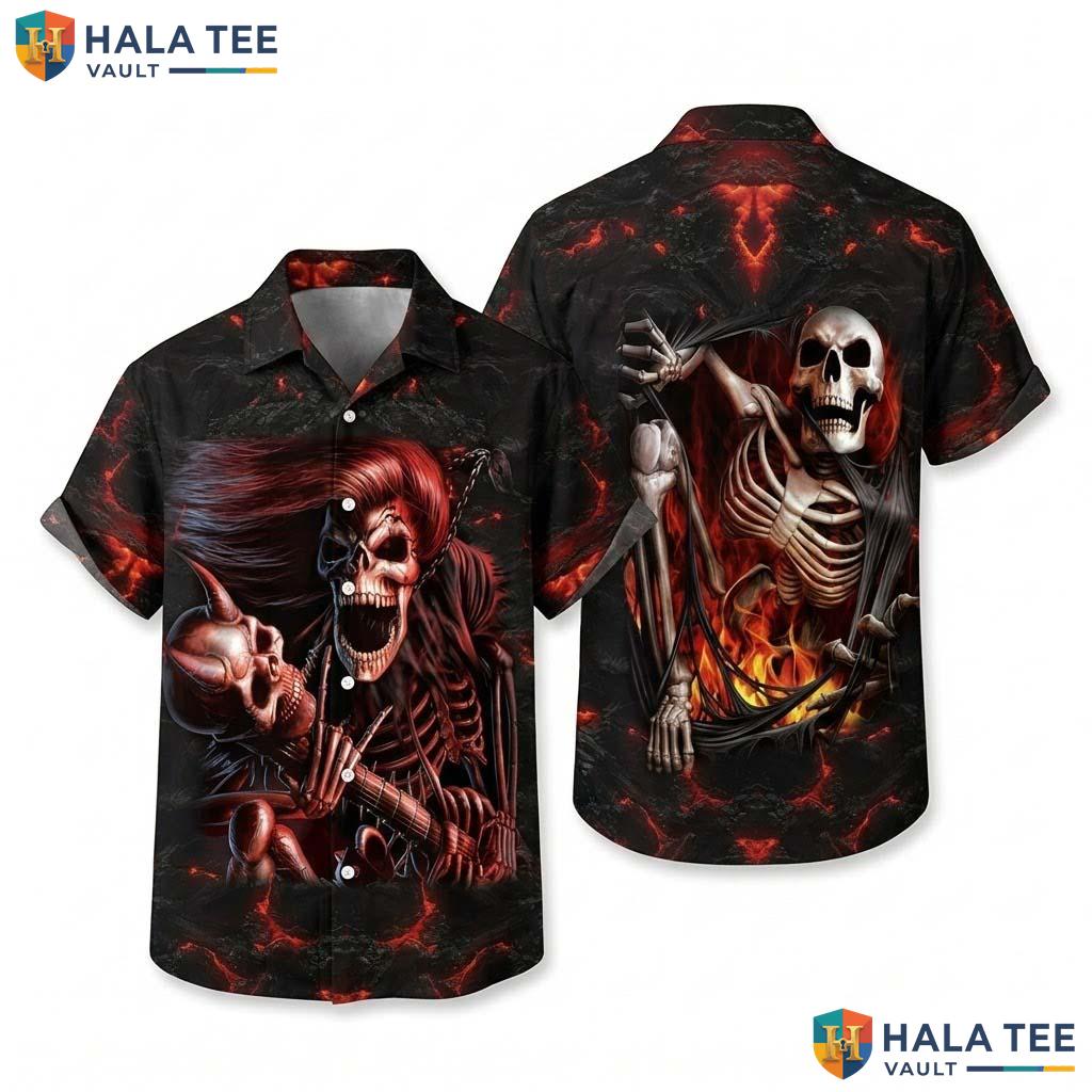 Rock Skeleton Halloween Hawaiian Shirt Grim Reaper Guitar Aloha Top