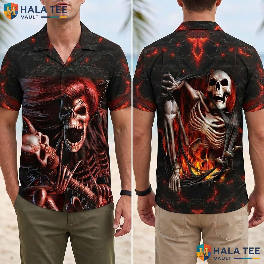Rock Skeleton Halloween Hawaiian Shirt Grim Reaper Guitar Aloha Top Adult