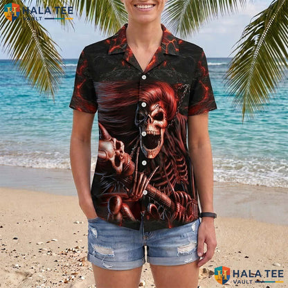 Rock Skeleton Halloween Hawaiian Shirt Grim Reaper Guitar Aloha Top Adult