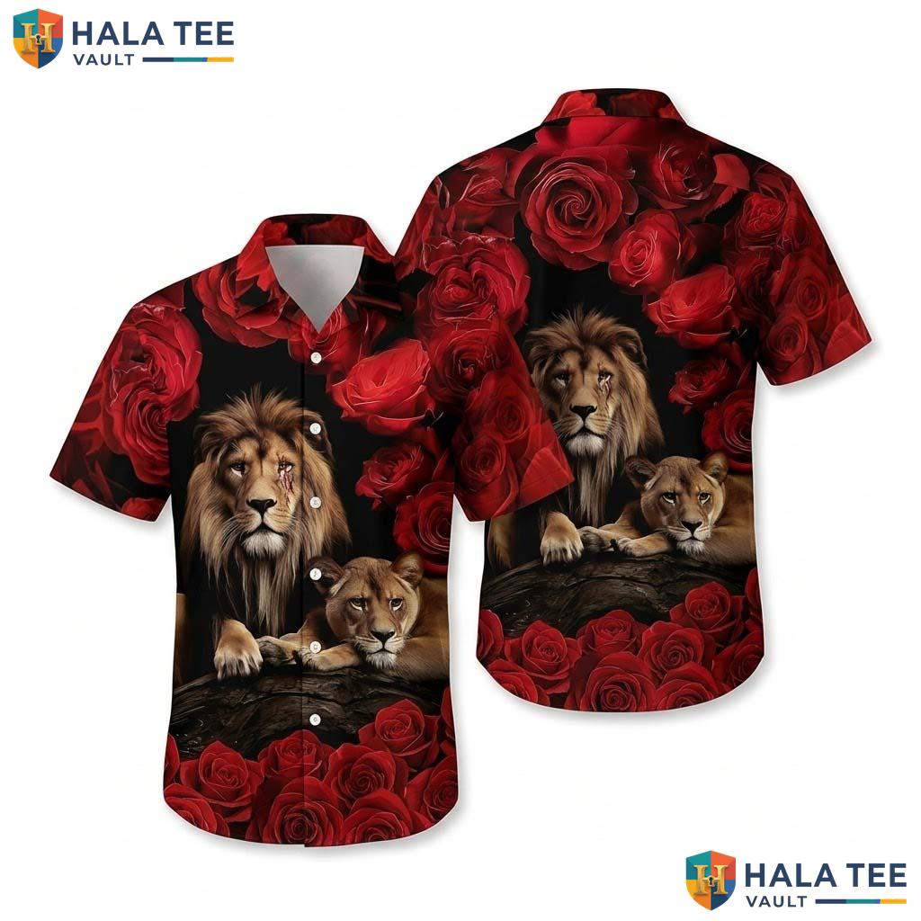 Romantic Lion Rose Hawaiian Shirt Red Flower Majestic Lion Button Down Top