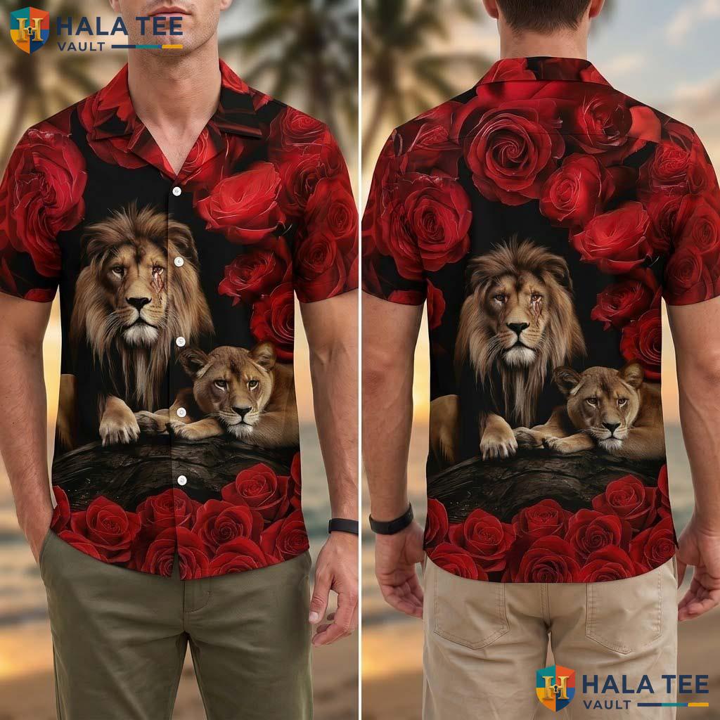 Romantic Lion Rose Tropical Shirt Red Flower Majestic Lion Button Down Top