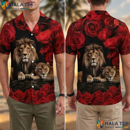 Romantic Lion Rose Tropical Shirt Red Flower Majestic Lion Button Down Top