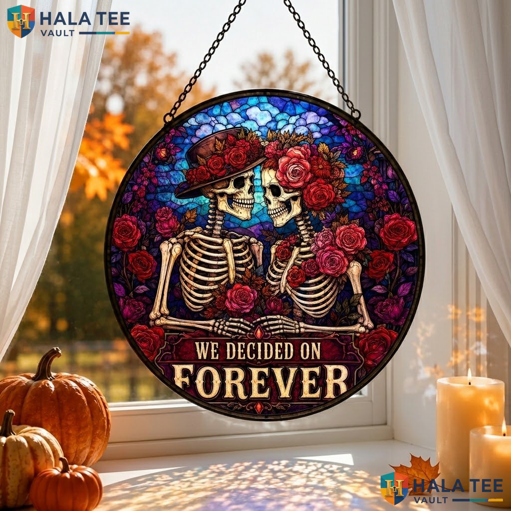 Romantic Skeletons Halloween Stained Glass Suncatcher Gothic Couple Wall Decor