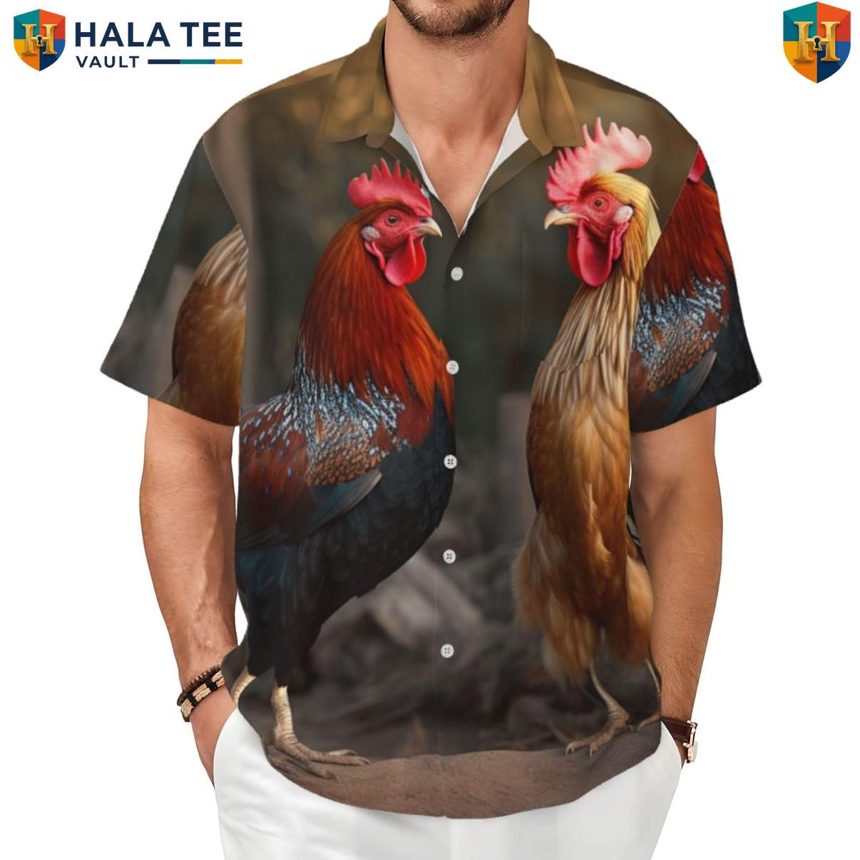 Rooster And Chicken Hawaiian Shirt Mens Farm Poultry Tropical Weekend Outfit