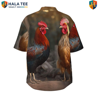 Rooster And Chicken Aloha Shirt Mens Farm Poultry Tropical Weekend Outfit
