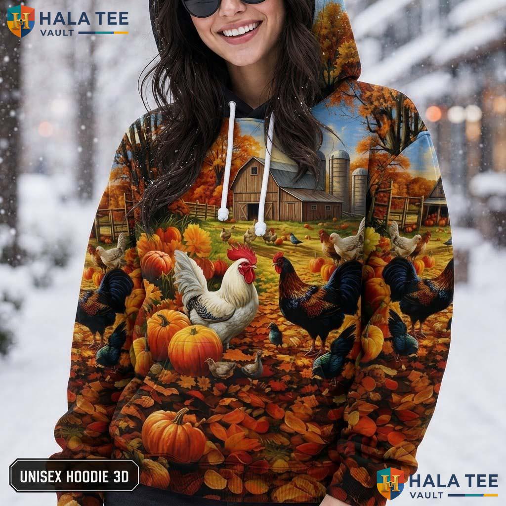 Rooster Farm Chickens Thanksgiving 3D Printed Hoodie Vintage Autumn Pumpkins